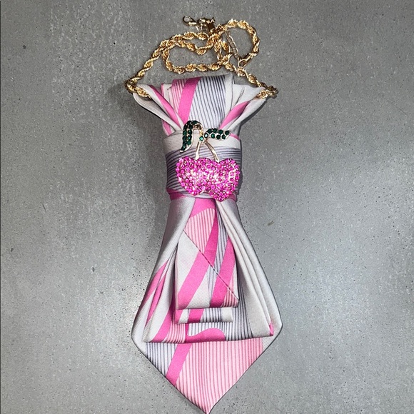 Accessories - Pink and Gray Striped Necktie Necklace with Gold Chain and cherry brooch